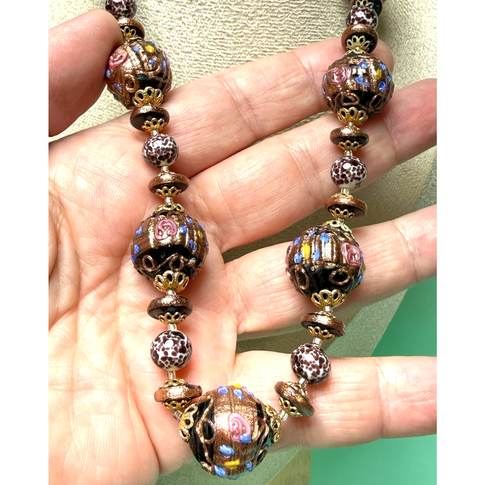 Vintage Venetian Wedding Cake Glass Bead Necklace Fiorato Black Gold Foil Italy - Picture 3 of 6